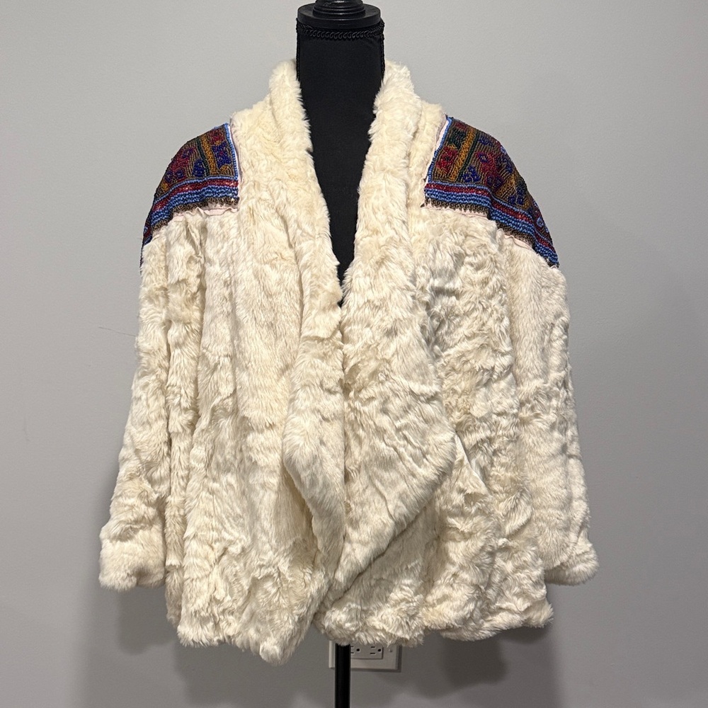 Free People Ivory Teddy Jacket with Colorful Beaded Shoulder Details